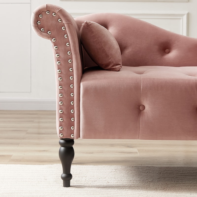 60.6"Velvet Chaise Lounge Buttons Tufted Nailhead Trimmed Solid Wood Legs with 1 Pillow(Left Arm Design as Shown in the Picture)