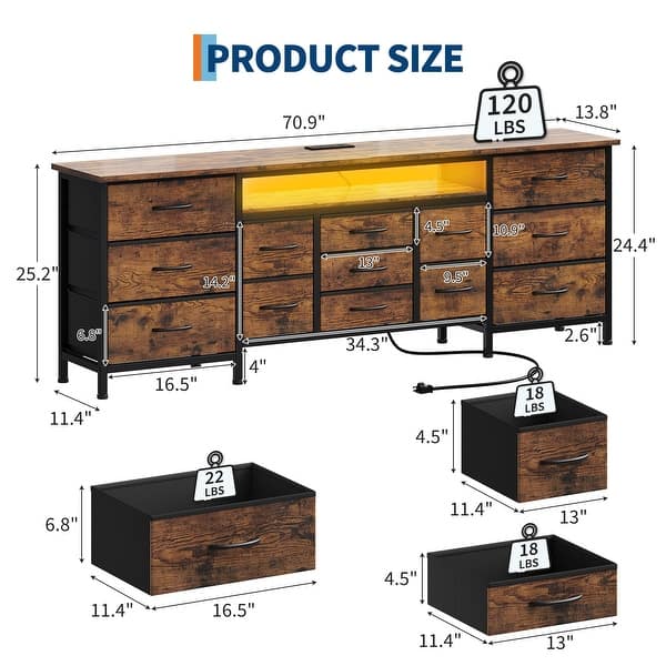 70 inch dresser Enhomee Wide Dresser TV Stand for 65 70 75 Inch Dresser for Bedroom with LED Lights & Power Outlets & 12 Fabric Drawers,Rustic Brown, Adult Unisex,