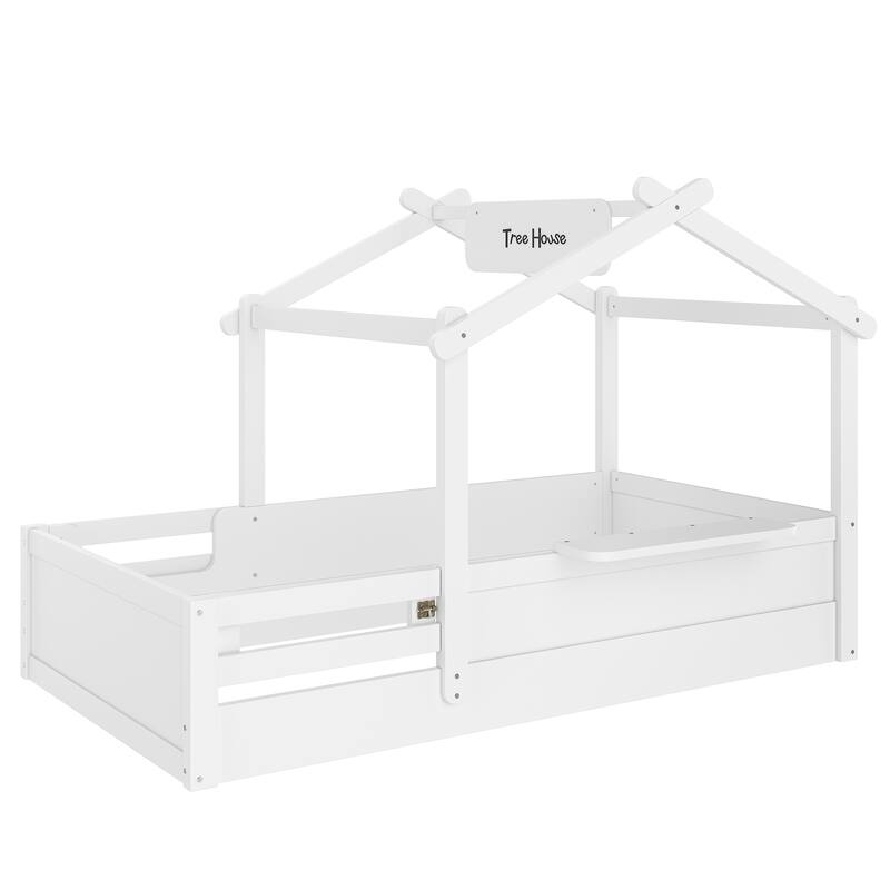 Montessori Floor Bed of 3 Kinds Size, House-shaped Platform Bed with Small Built-in Tray, Signboard and No Slats Design