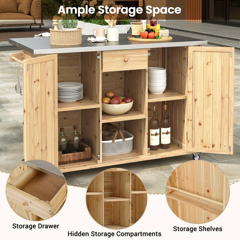 Outdoor Kitchen Island Fir Wood Kitchen Island with Stainless Steel Top, Ample Storage Space, Towel and Spice Racks