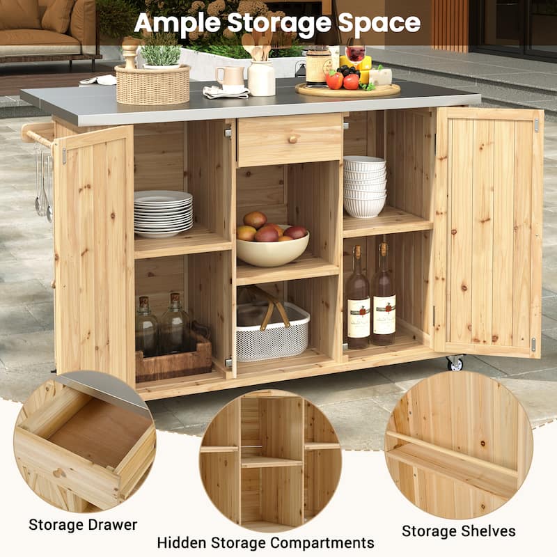 Outdoor Kitchen Island with Foldable Stainless Steel Top & Bottle Opener, Fir Wood Kitchen Island with Shelves and Towel Racks