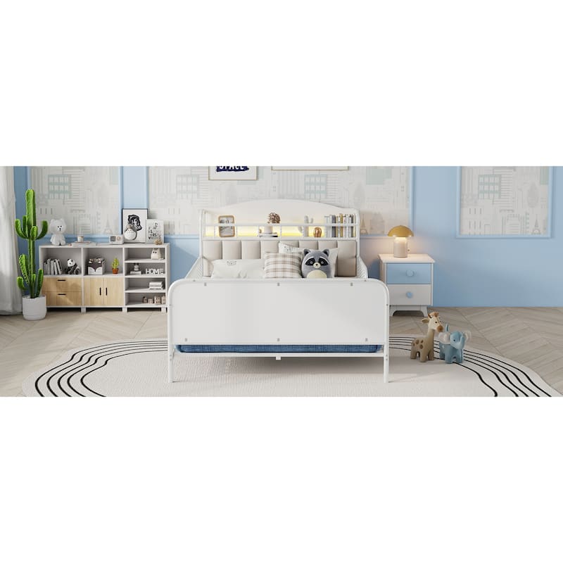 Roomfitters Twin/Full Metal Platform Bed, LED Storage Headboard and Guardrails with Metal Frame for Bedroom or Guest Room