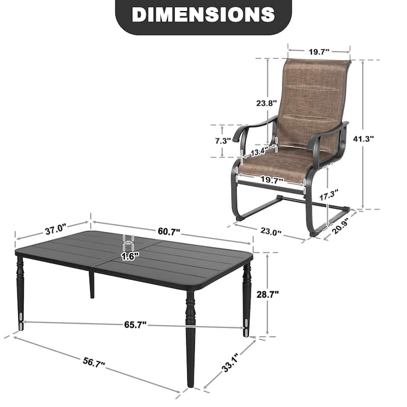 Patio 7-Piece Textilene Dining Set, C-Spring Chair Legs and Umbrella Hole