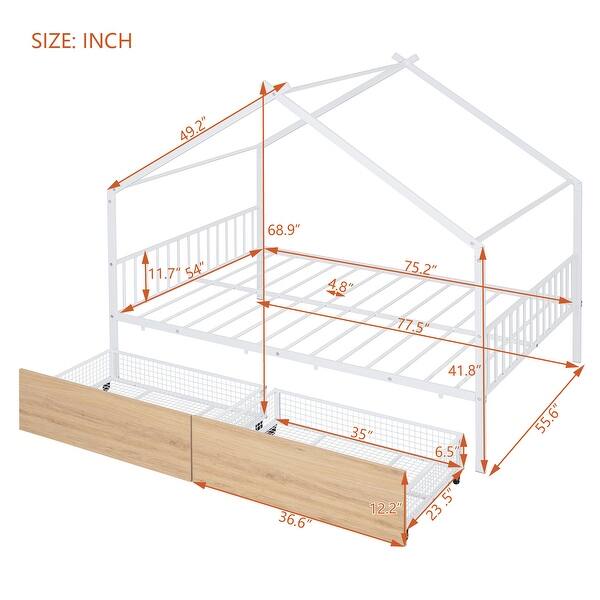 dimension image slide 1 of 2, Full Size Metal House Bed with Two Drawers and Roof for Kids' Rooms