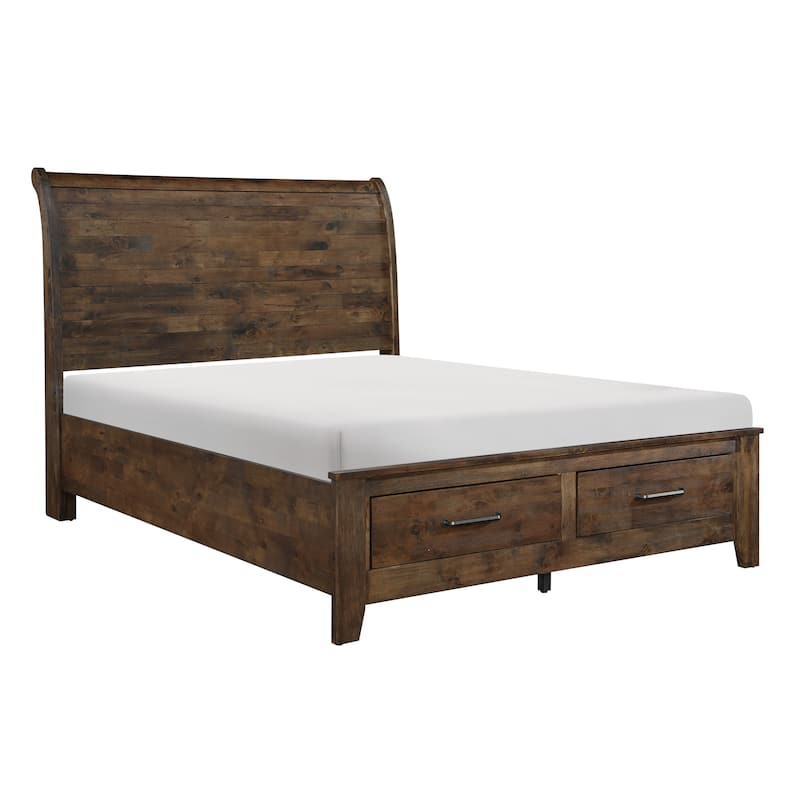 Rick Queen Size Platform Bed, Sleigh, 2 Footboard Storage, Brown Rubberwood