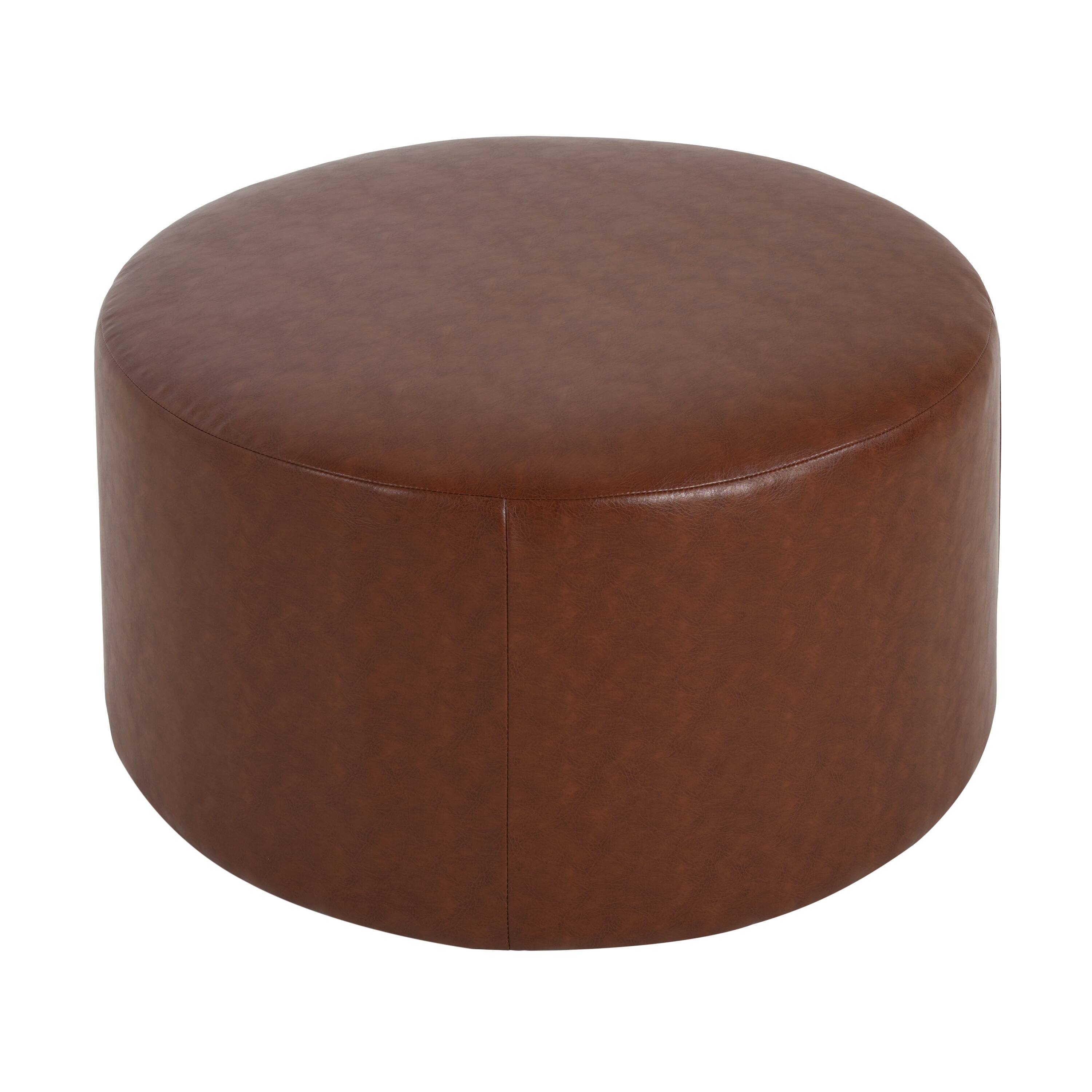 PU Leather Round Ottoman - Classic Brown Upholstered Accent Furniture