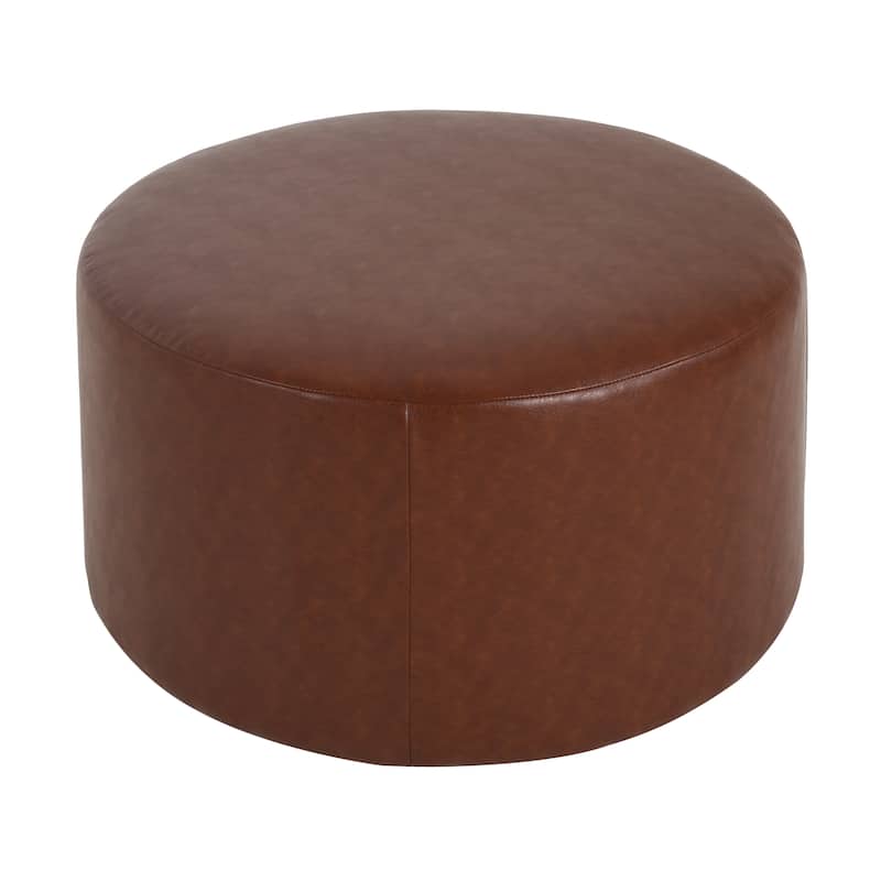 PU Leather Round Ottoman - Classic Brown Upholstered Accent Furniture - Light Brown