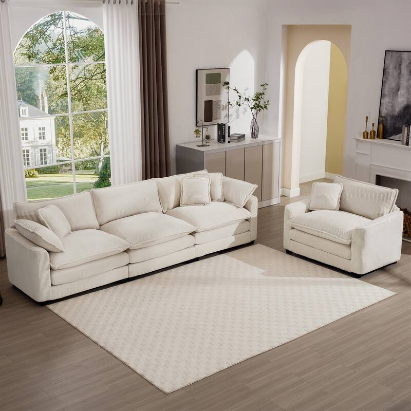 2-Piece Flexible Combinations Sofa Set with 3-Seater Corduroy Fabric Sofa and Single Accent Sofa Chair for Livingroom - Beige