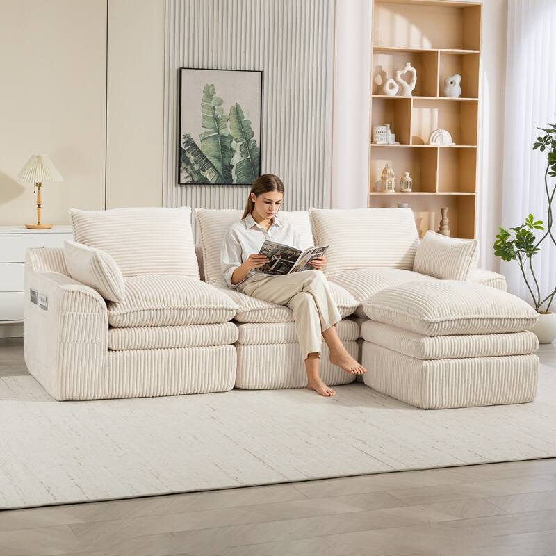 103" L-Shaped Corduroy Boneless Sectional Sofa with Movable Ottoman