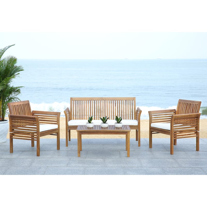 SAFAVIEH Carson Outdoor Acacia Solid Wood 4-Piece Conversation Patio Set - Natural/Beige