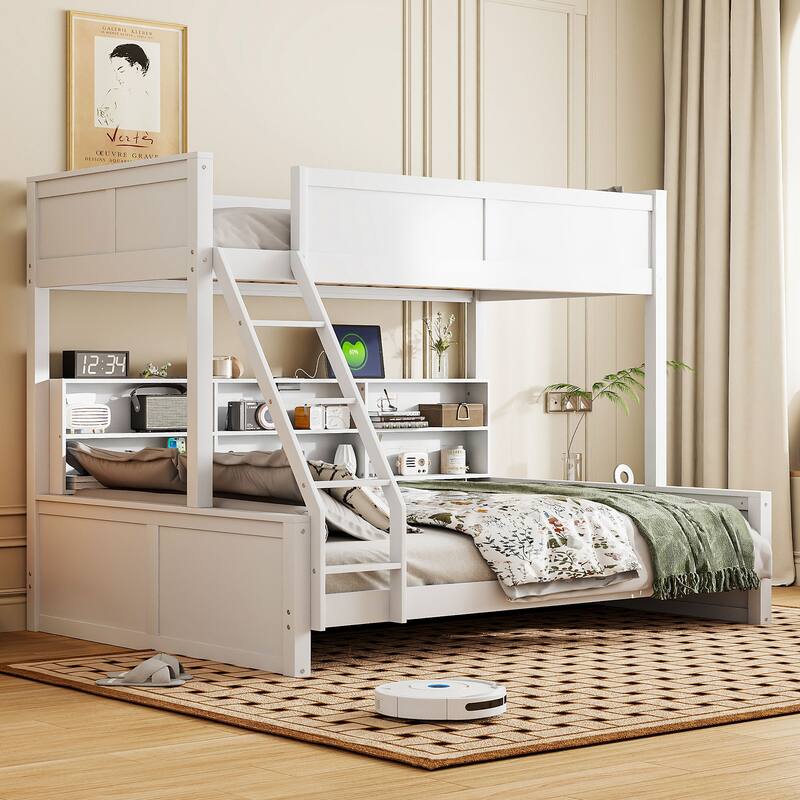 Bunk Bed with Storage Cabinets and USB Ports, Full XL over Queen or Twin XL over Queen - Antique White - Twin XL