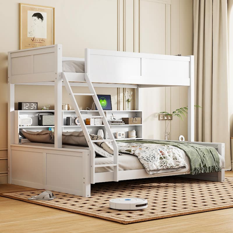 Twin XL over Queen Bunk Bed with Storage Cabinets and USB Ports, Antique White