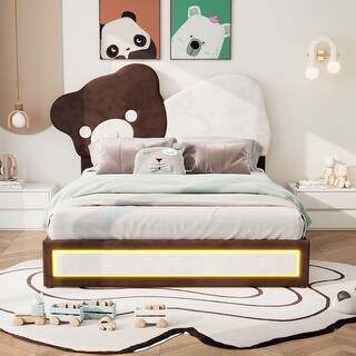 Full Flannel Upholstered Platform Bed w/Bear Shaped Headboard & LED, Wood Bed Frame w/Height-Adjustbale Headboard, Brown+White