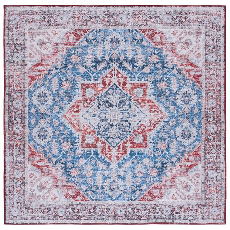 SAFAVIEH Tucson Machine Washable Slip Resistant Era Traditional Rug - 6' Square - Blue/Red