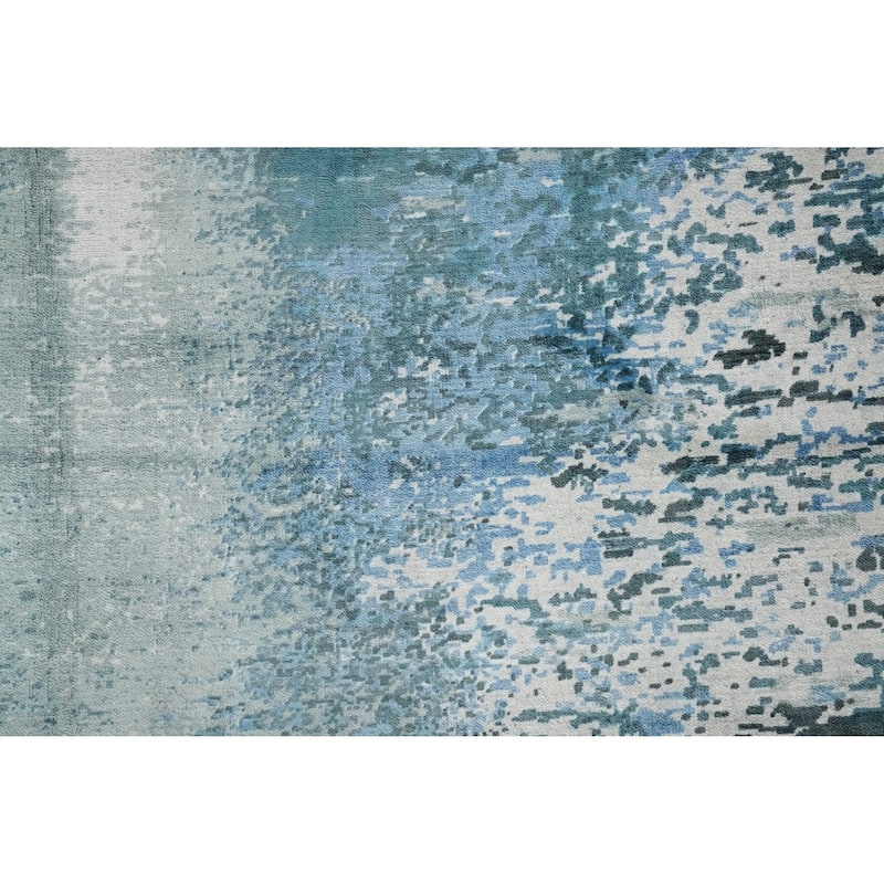 Hand Knotted Oriental Viscose Silk Carpet Modern Pictorial Navy Blue & Blues Abstract Area Rug - 7' 10'' X 5' 8''
