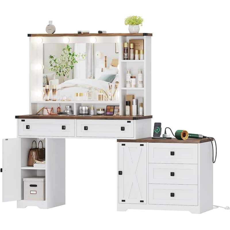 Farmhouse Vanity Desk with Lights & Power Strip Drawers Cabinets