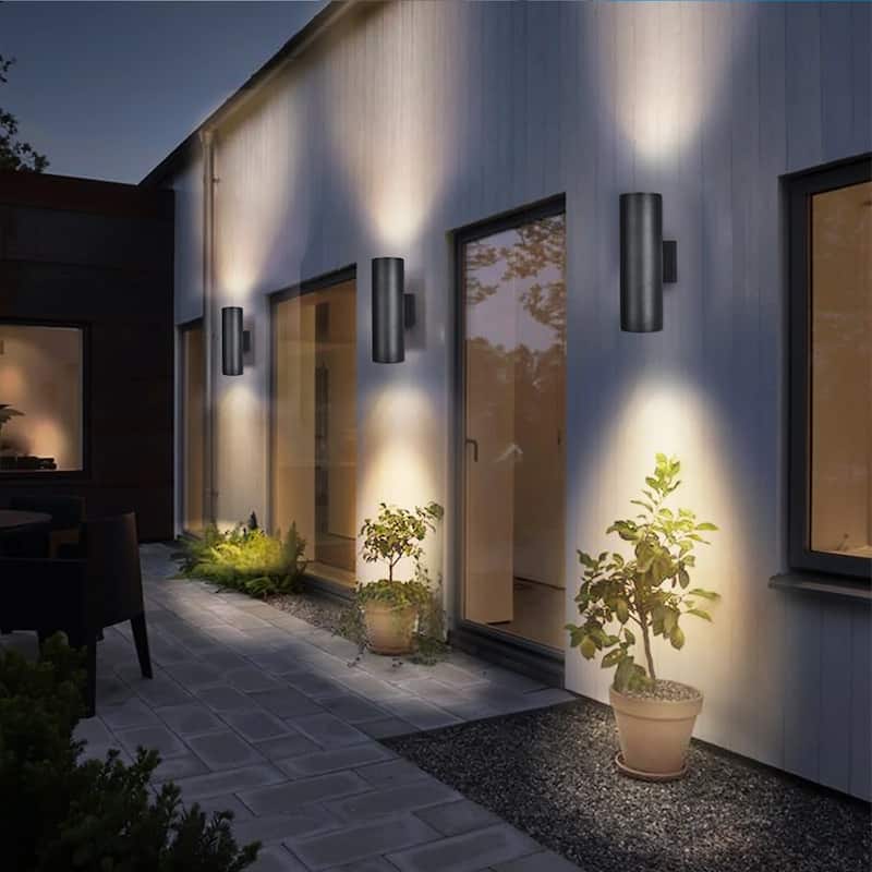 2 Pack 2-Light Modern Industrial Black Cylindrical Outdoor Waterproof Lantern Wall Sconces - 4.3 in. W x 13.4 in. H