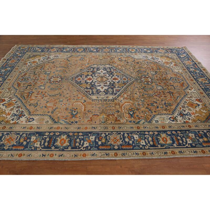 Hand Knotted Oriental 100% Wool Carpet Traditional Geometric Brown Tabriz Area Rug - 11' 0'' X 7' 11''