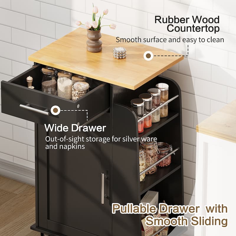 Rolling Kitchen Island with Storage Cabinet & Spice Rack & Drawer – Rubber Wood Top