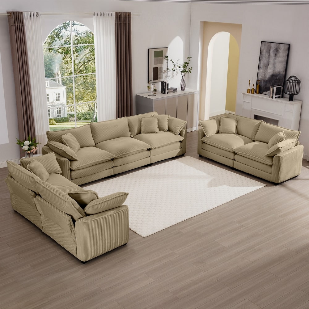 3+2+2 Seater Corduroy Fabric Flexible Combinations Sofa Set with Removable Armrests and Throw Pillows for Livingroom