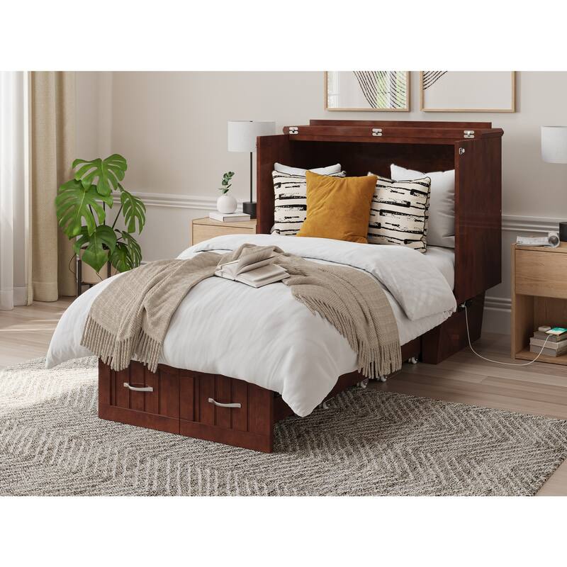 Twin Murphy Bed Chest with Storage & Charging Station - Walnut Finish, Includes Mattress