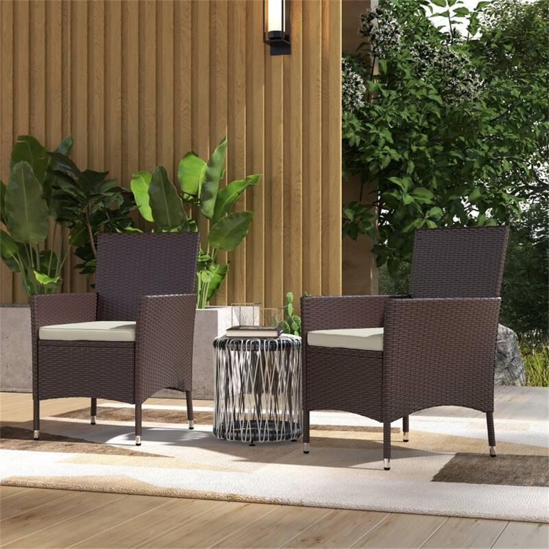 Dark Coffee Wicker Rattan Chairs with Cream Cushions, Set of 2 - 24.5" W x 24.75" D x 34.75" H