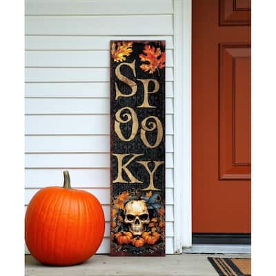 HomeRoots 36" Black Gold And Orange Solid Wood Spooky Halloween Skull Porch Sign