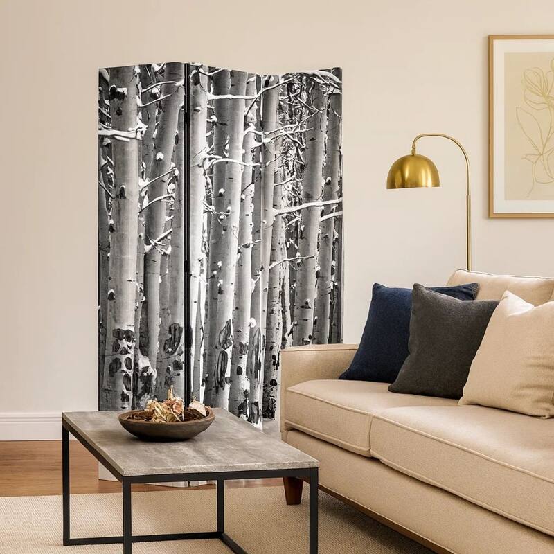3 Panel Canvas Foldable Screen with Birch Print, Black and White - 6 x 12