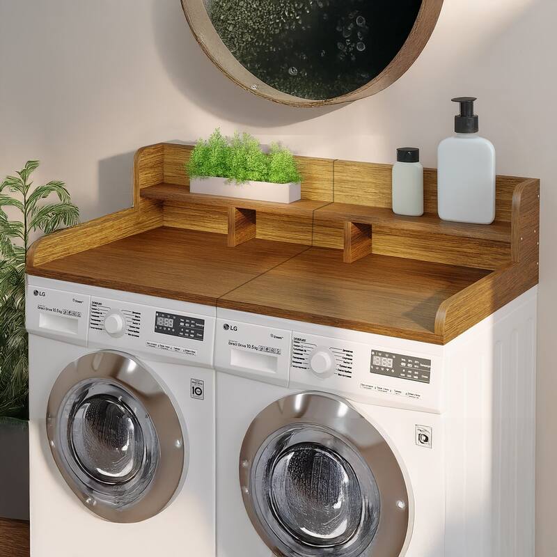 Washer Dryer Countertop, Laundry Wood Shelf Topper with Edge, 54" Width x 27.5" Depth Double Layer Organizer