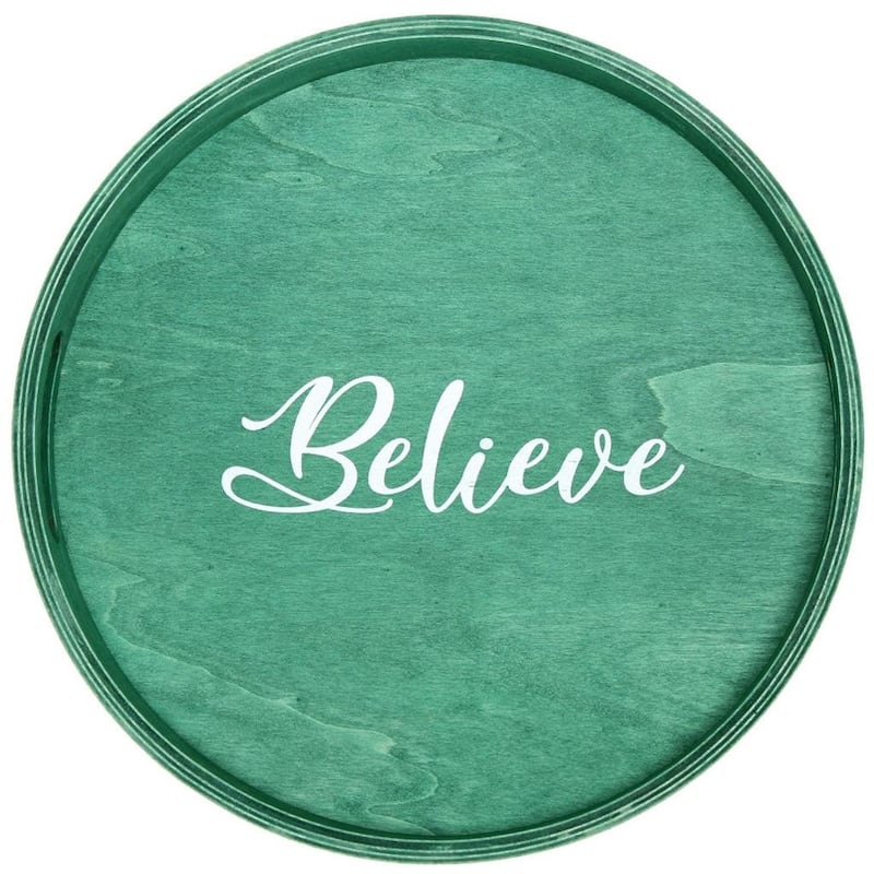 HomeRoots 14" Green And White Believe Round Serving Tray With Handles - 13.75 in. x 1.65 in. x 13.75 in.