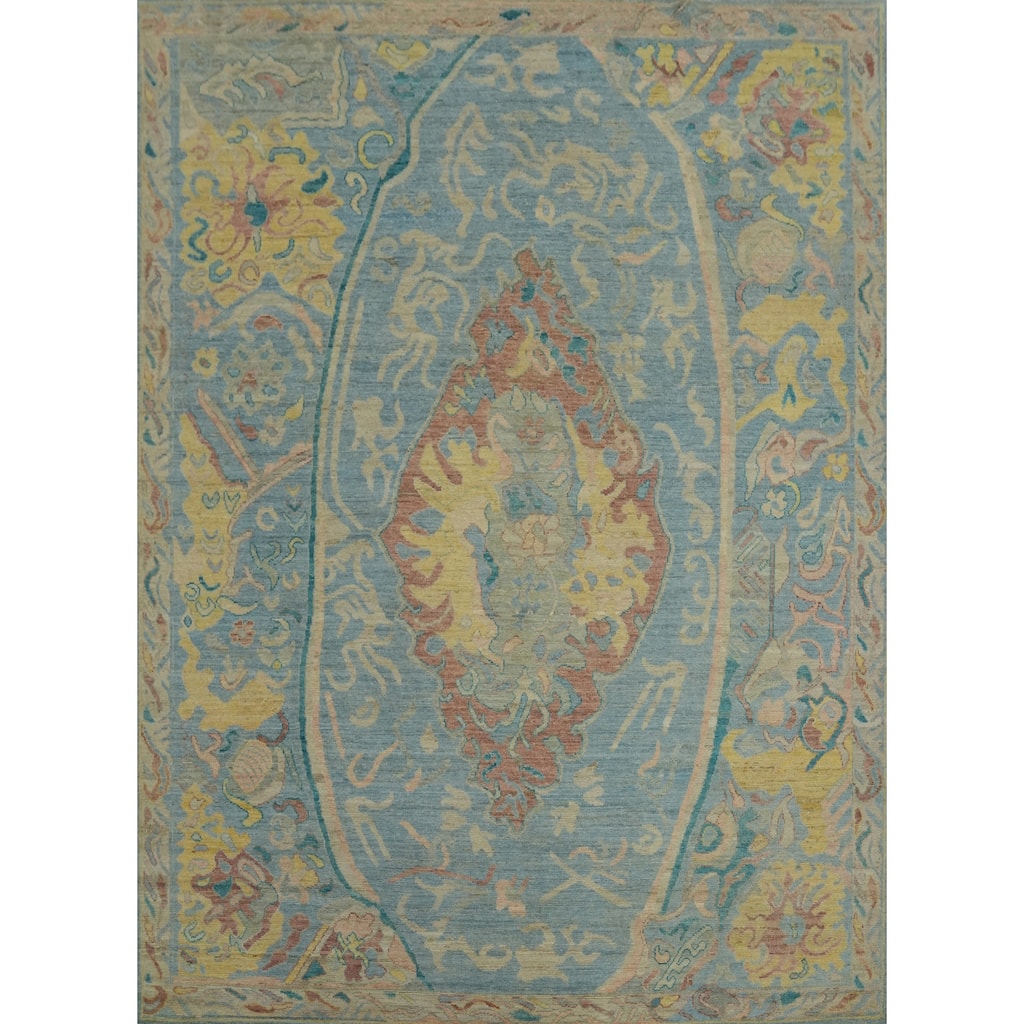 Floral Blue Oushak Vegetable Dye Area Rug, Floral Geometric Carpet - 9' 9'' X 8' 5''