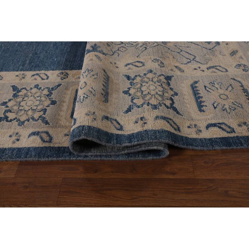 Blue Geometric Oushak Large Rug Hand-Knotted Wool Carpet - 9'10"x 13'10"