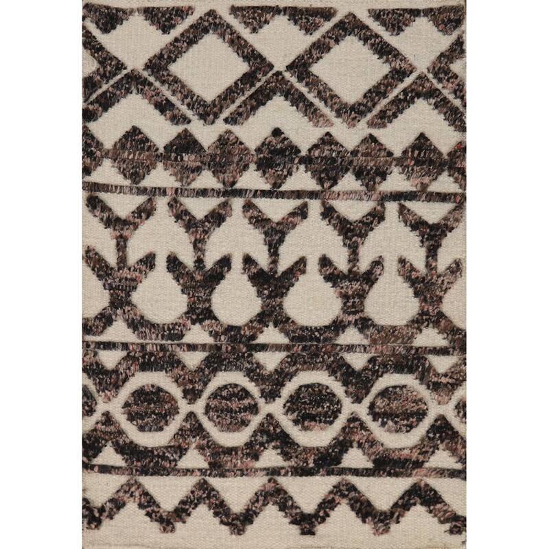 Geometric Moroccan Indian Accent Rug Handmade Beige Wool Carpet - 2'0"x 3'0"