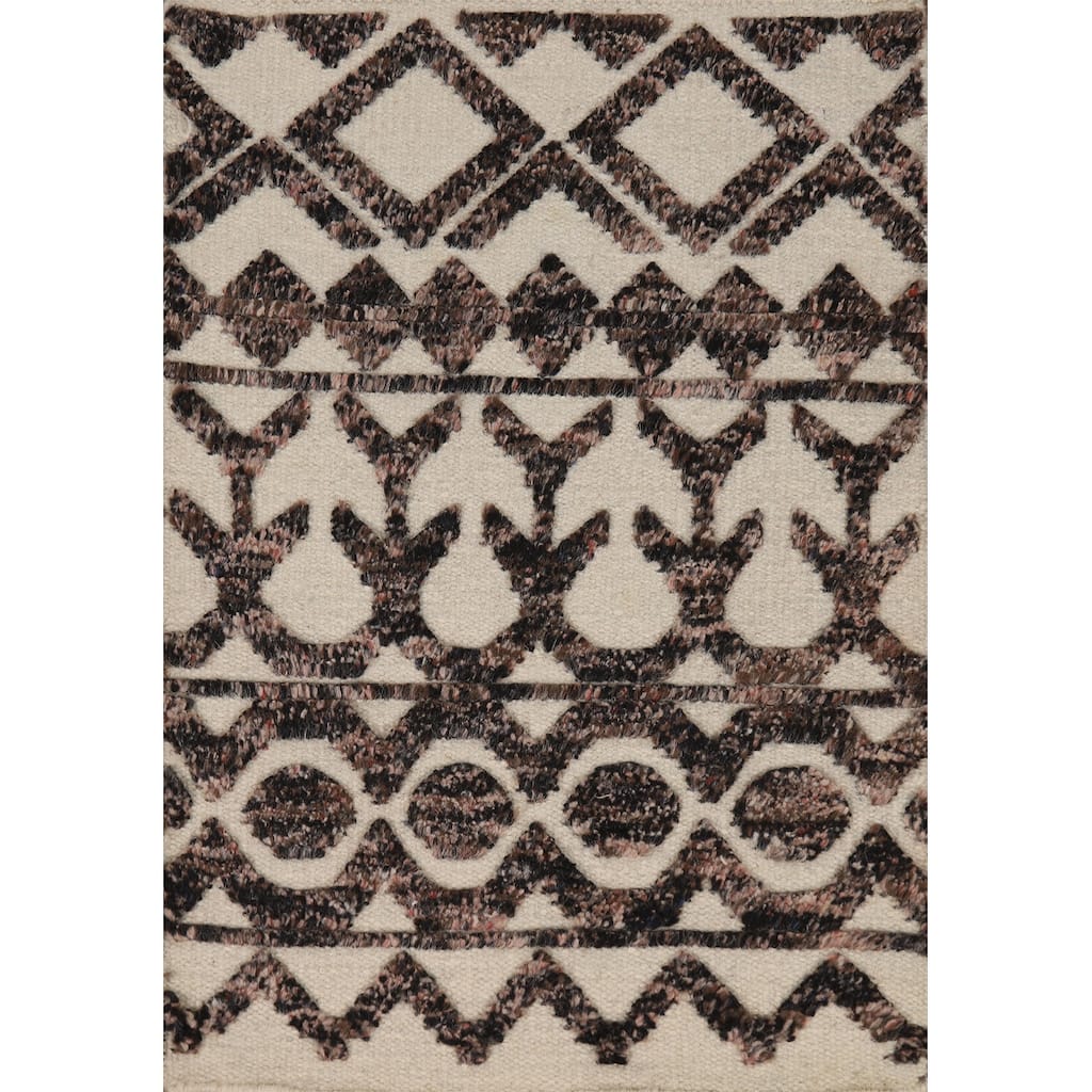 Geometric Moroccan Indian Accent Rug Handmade Beige Wool Carpet - 2'0"x 3'0"