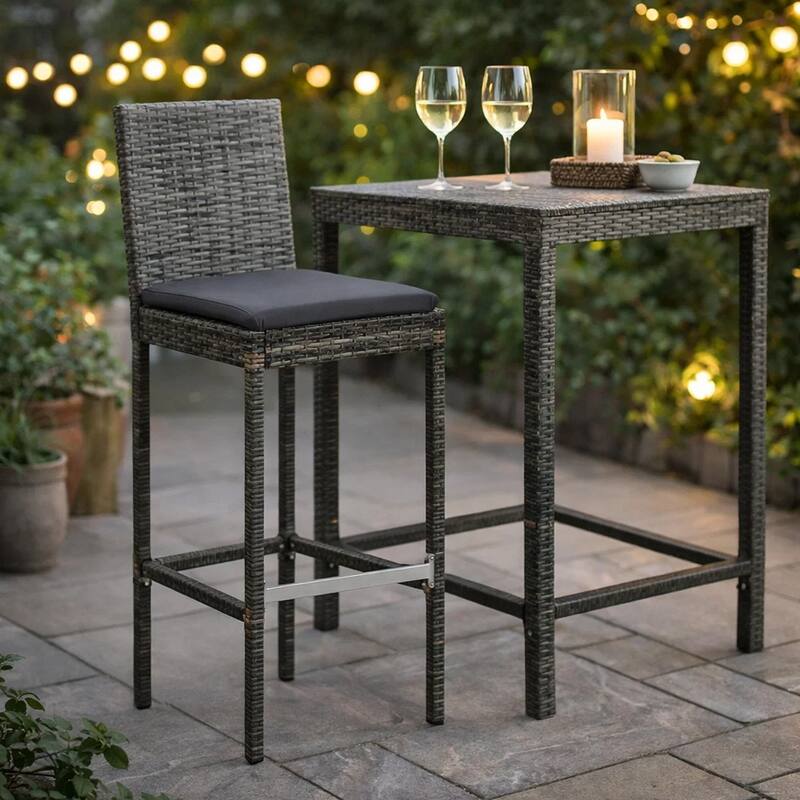 4pc Outdoor Patio Barstool Chair with Cushions, Gray Woven Poly Rattan