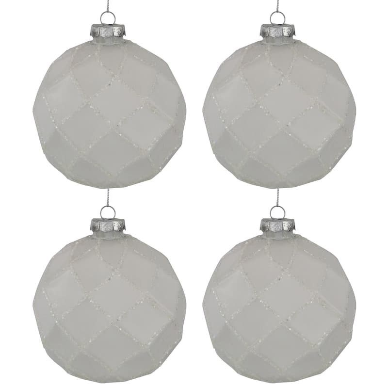 Glittered Christmas Glass Ball Ornaments - 3.75" (95mm) - White - 4ct