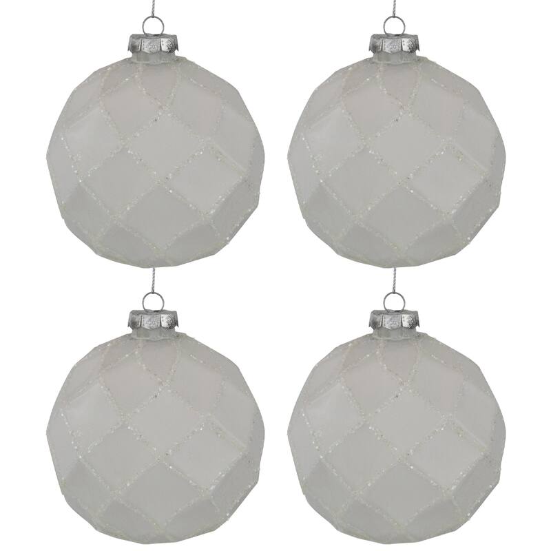 Glittered Christmas Glass Ball Ornaments - 3.75" (95mm) - White - 4ct