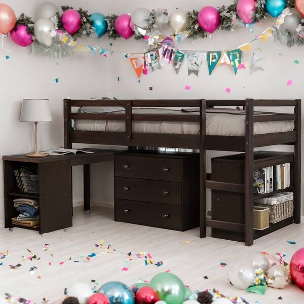 slide 2 of 9, Twin Size Loft Bed With Cabinet,Shelves And Rolling Portable Desk Espresso