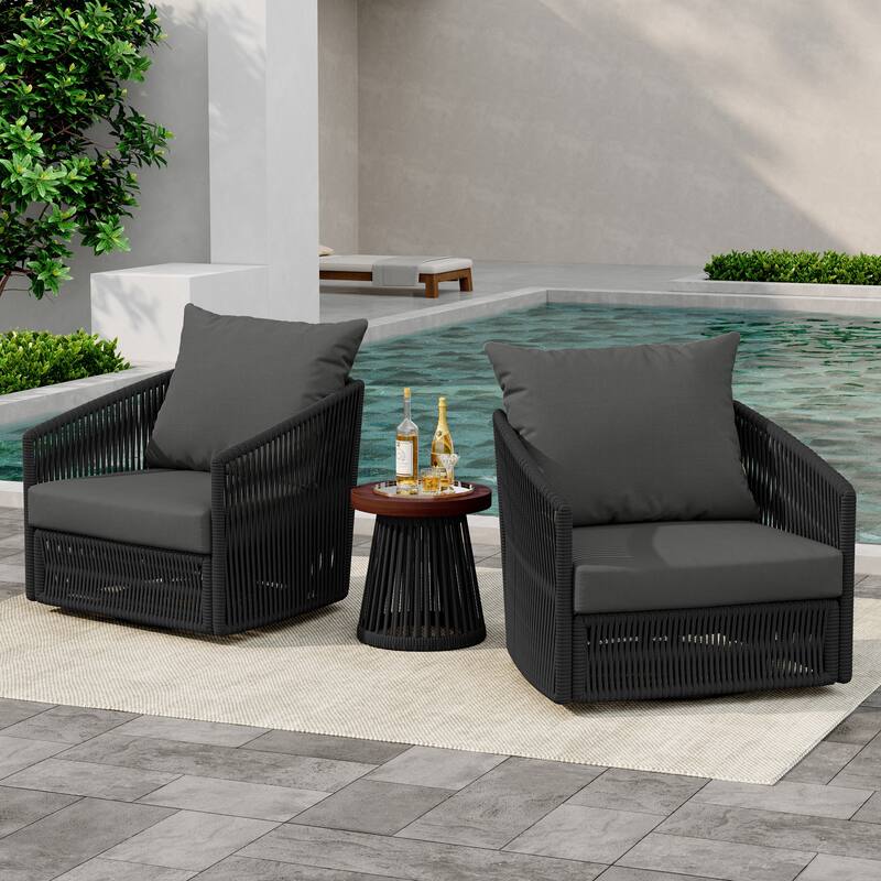 3-Piece Outdoor Rattan Swivel Lounge Chair Set Barrel Chairs for Backyard