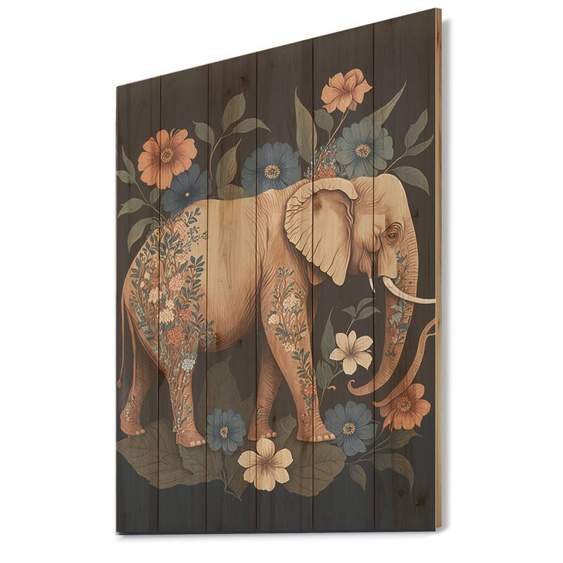 Designart 'Retro Elephant Surrounded By Flowers III' Animals Elephant