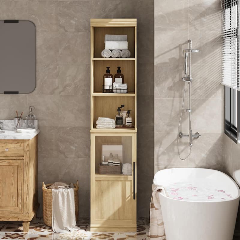 70" Bathroom Storage Cabinet, Slim Freestanding Bathroom Cabinet with Door and Open Shelves Boards