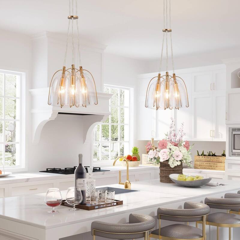 Modern Gold Pendant Light Fixture with Seeded Glass Shades for Foyer and Kitchen Area