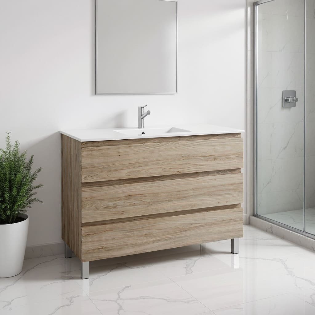 HomeRoots 48" Natural Wood Freestanding Bathroom Vanity With White Sink And Three Drawers - 48.00 in. x 33.12 in. x 17.88 in.