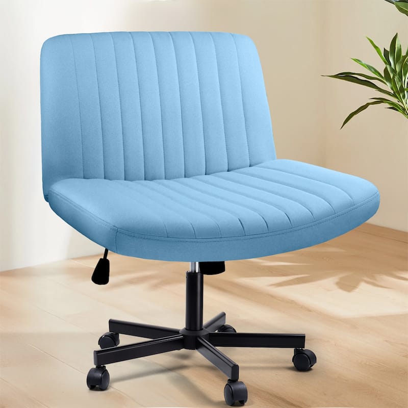Bossin Criss Cross Chair Armless Office Desk Chair with Wheels,Fabric Padded Cross Legged Chair, Swivel Wide Seat Vanity Chair - Blue
