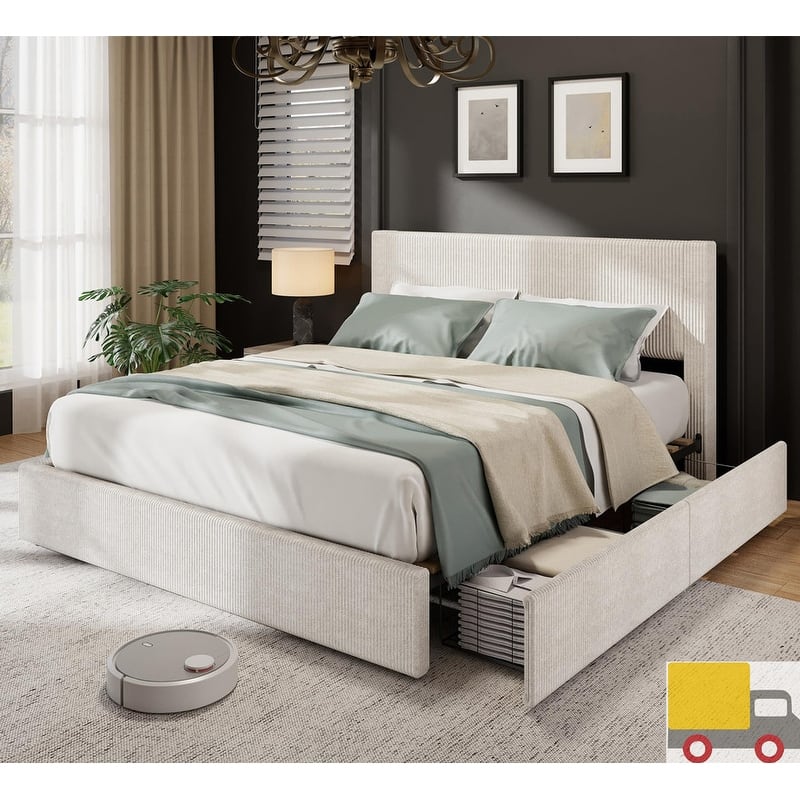 Platform Bed with Channel Tufted Corduroy Headboard and 4 Storage Drawers