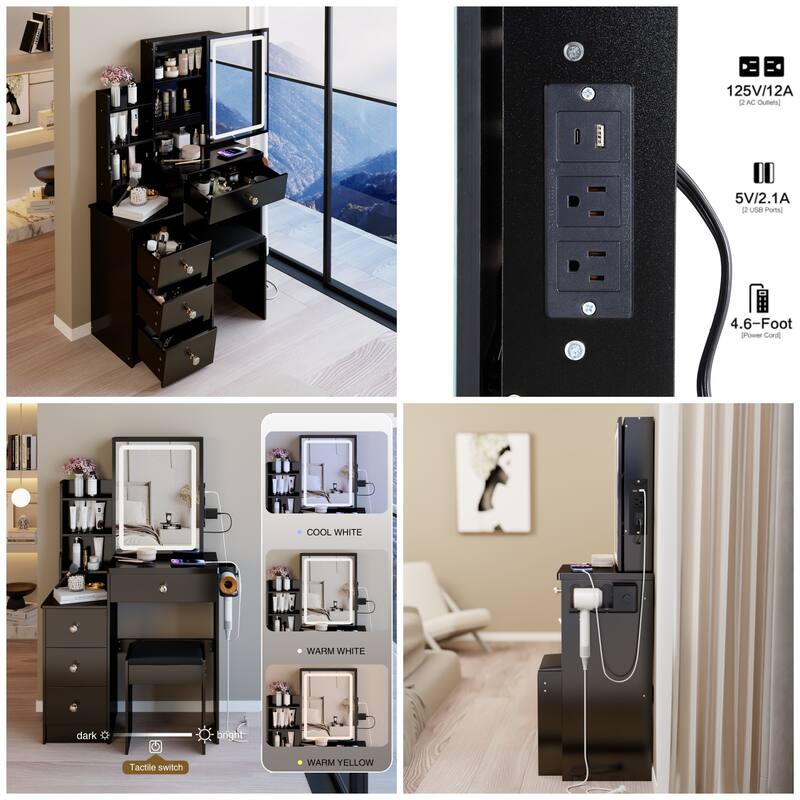Dressing Table Set, 29.2" Vanity w/ LED Mirror, Charging Station,Stool