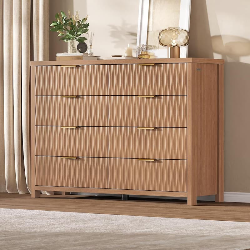 Fluted Bedroom Dresser Drawers TV Stand Drawer Organizer - Oak - 8-drawer