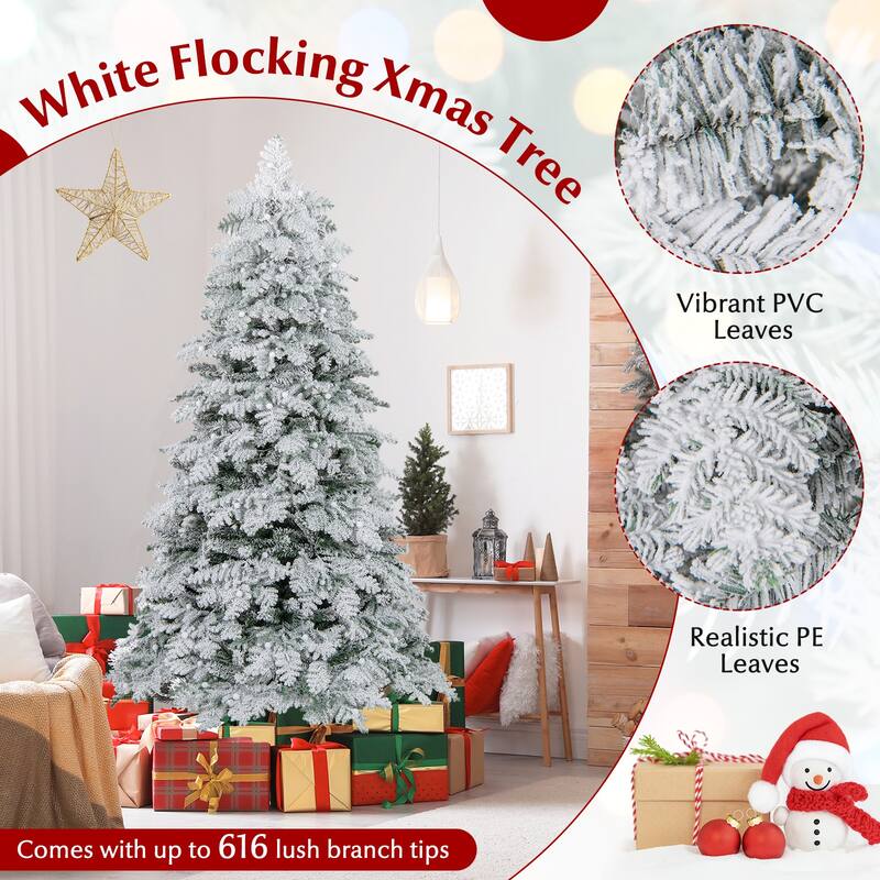 Costway 6/7 FT Artificial Snow-flocked Christmas Tree with 130 Balls, - See Details