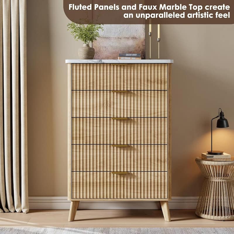 Modern Fluted 5 Drawers Dresser for Living Room, Bedroom