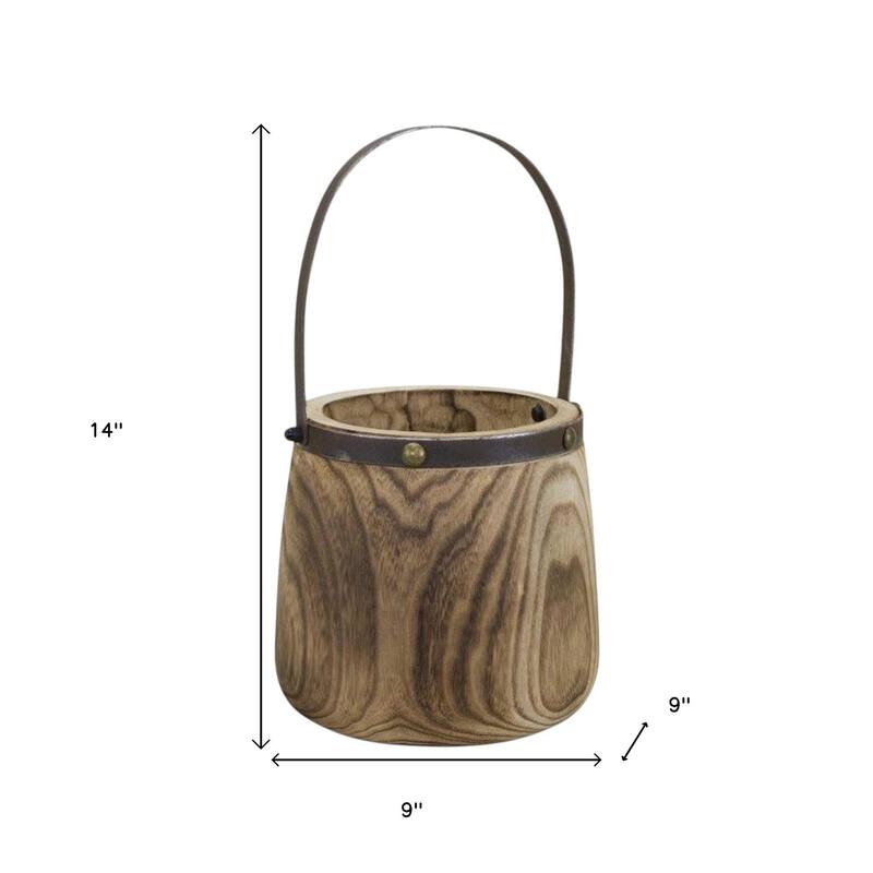 HomeRoots Set of Two Natural Wood And Steel Bucket Pot Planters - 9.00 in. x 14.00 in. x 9.00 in.